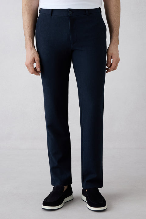 Dark Navy Techno-Line 7 Drop Slim Fit Narrow Cut Striped Linen Blend Flexible Classic Fabric Trousers