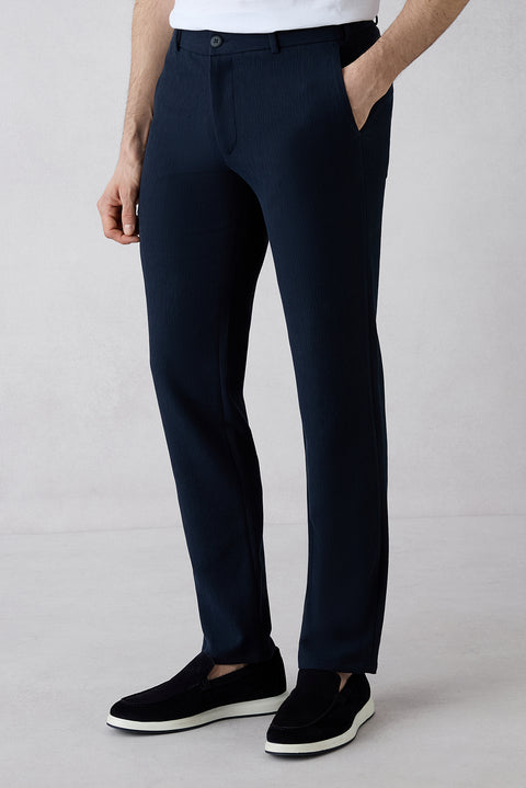 Dark Navy Techno-Line 7 Drop Slim Fit Narrow Cut Striped Linen Blend Flexible Classic Fabric Trousers