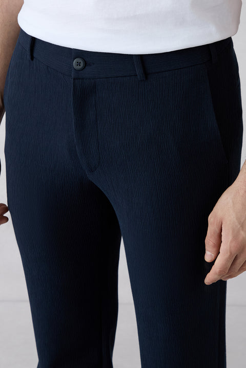 Dark Navy Techno-Line 7 Drop Slim Fit Narrow Cut Striped Linen Blend Flexible Classic Fabric Trousers