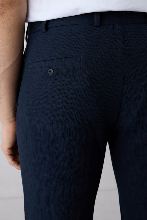 Dark Navy Techno-Line 7 Drop Slim Fit Narrow Cut Striped Linen Blend Flexible Classic Fabric Trousers