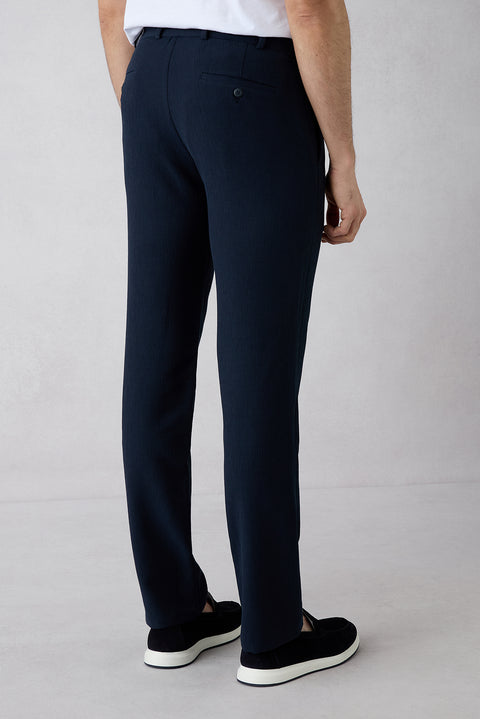 Dark Navy Techno-Line 7 Drop Slim Fit Narrow Cut Striped Linen Blend Flexible Classic Fabric Trousers
