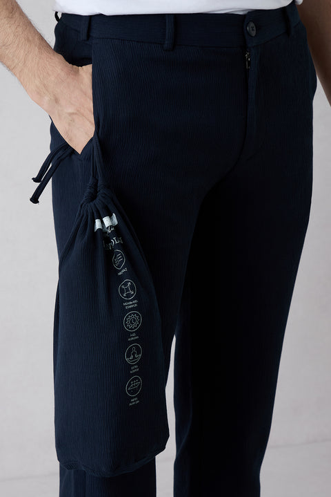 Dark Navy Techno-Line 7 Drop Slim Fit Narrow Cut Striped Linen Blend Flexible Classic Fabric Trousers