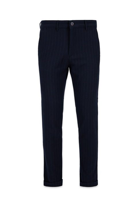 Orta Lacivert Straight Slim Fit Çizgili Likralı Esnek Yan Cepli Kanvas / Chino Pantolon