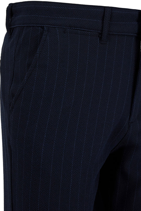Orta Lacivert Straight Slim Fit Çizgili Likralı Esnek Yan Cepli Kanvas / Chino Pantolon