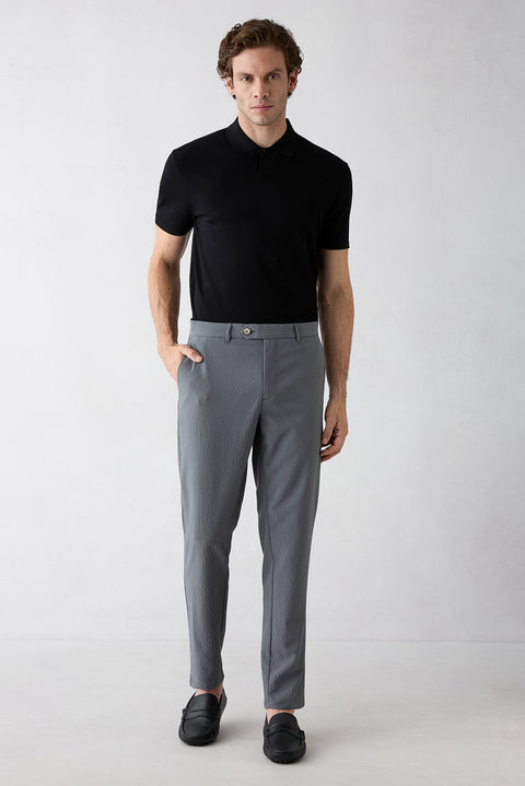 Orta Füme Straight Slim Fit Likralı Gofreli Çizgili Kanvas / Chino Pantolon