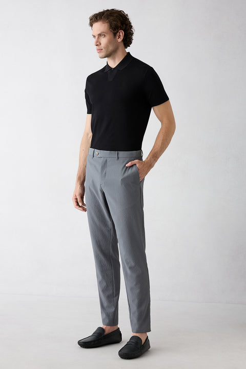 Orta Füme Straight Slim Fit Likralı Gofreli Çizgili Kanvas / Chino Pantolon