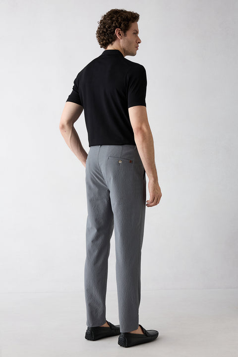 Orta Füme Straight Slim Fit Likralı Gofreli Çizgili Kanvas / Chino Pantolon