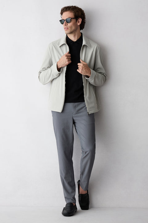 Orta Füme Straight Slim Fit Likralı Gofreli Çizgili Kanvas / Chino Pantolon