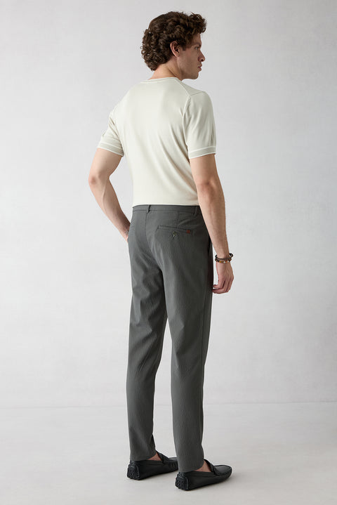 Koyu Haki Tapered Slim Fit Likralı Gofreli Çizgili Pantolon
