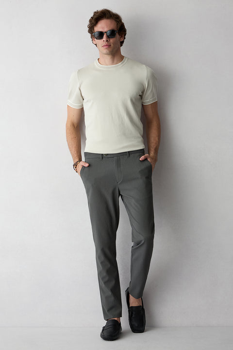 Koyu Haki Tapered Slim Fit Likralı Gofreli Çizgili Pantolon
