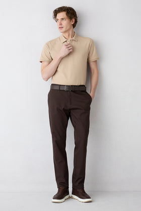 Koyu Kahve Regular Fit Standart Kesim Desenli Yan Cepli Likralı Kanvas / Chino Pantolon