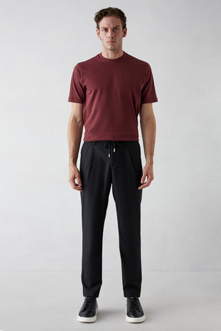  Siyah Regular Straight Fit Likralı Yandan Cepli Beli İpli Pileli Pantolon