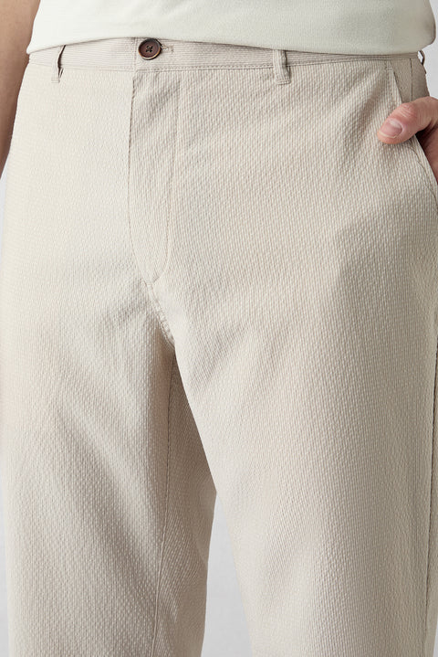 Açık Bej Regular Fit Standart Kesim Çizgili Gofreli Yan Cepli Likralı Pantolon