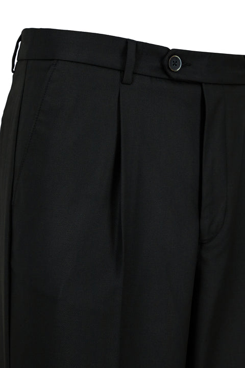 Siyah Straight Wide Leg Yan Cepli Pileli Likralı Kanvas / Chino Pantolon