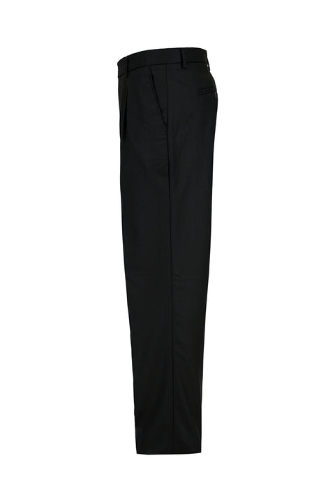 Siyah Straight Wide Leg Yan Cepli Pileli Likralı Kanvas / Chino Pantolon