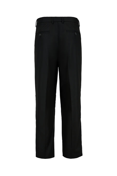 Siyah Straight Wide Leg Yan Cepli Pileli Likralı Kanvas / Chino Pantolon