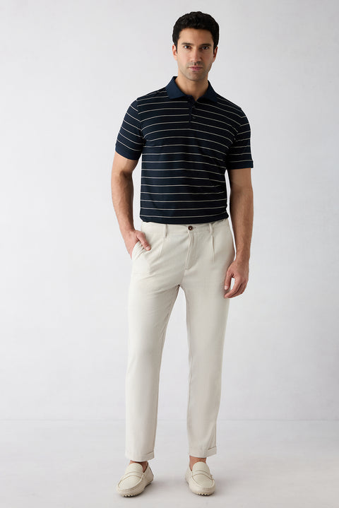 Krem Tapered Fit Keten Karışımlı Yan Cepli Pileli Kanvas / Chino Pantolon