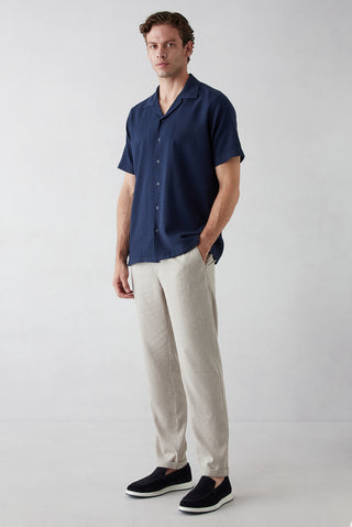  Açık Vizon Tapered Fit Keten Karışımlı Yan Cepli Pileli Kanvas / Chino Pantolon
