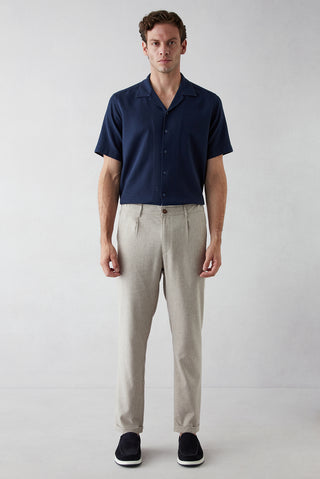  Açık Vizon Tapered Fit Keten Karışımlı Yan Cepli Pileli Kanvas / Chino Pantolon