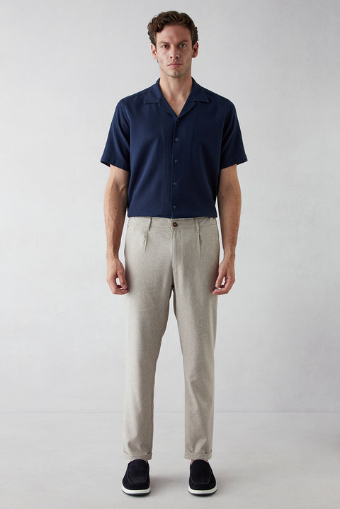 Açık Vizon Tapered Fit Keten Karışımlı Yan Cepli Pileli Kanvas / Chino Pantolon