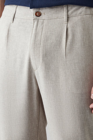  Açık Vizon Tapered Fit Keten Karışımlı Yan Cepli Pileli Kanvas / Chino Pantolon