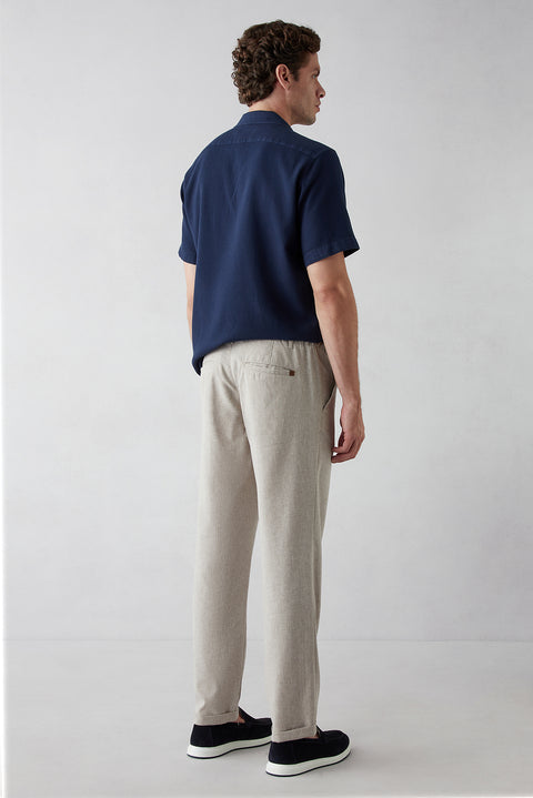 Açık Vizon Tapered Fit Keten Karışımlı Yan Cepli Pileli Kanvas / Chino Pantolon