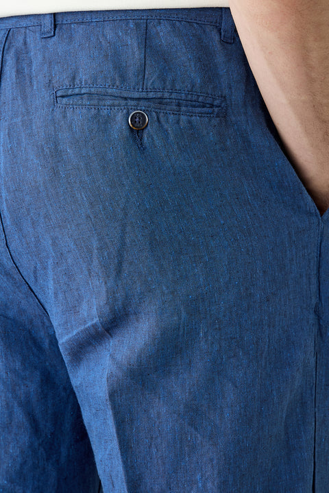 Orta Lacivert Straight Wide Leg Yan Cepli %100 Keten Pantolon