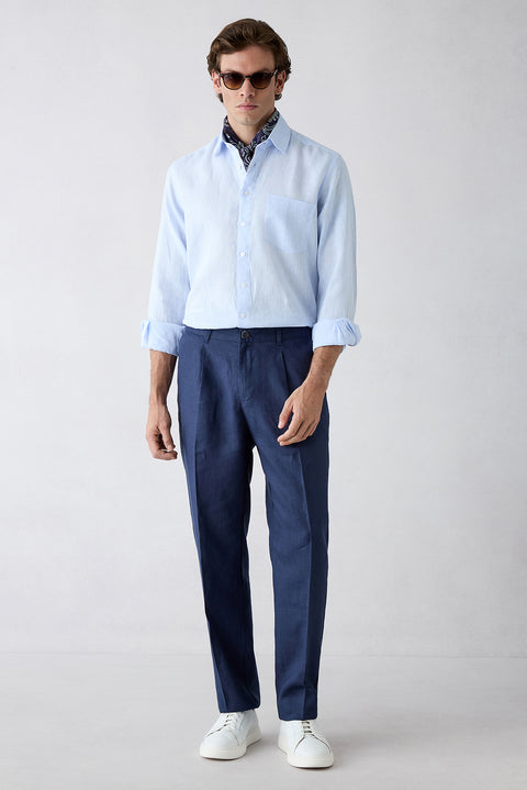 Dark Navy Straight Wide Leg Linen Sport Pants