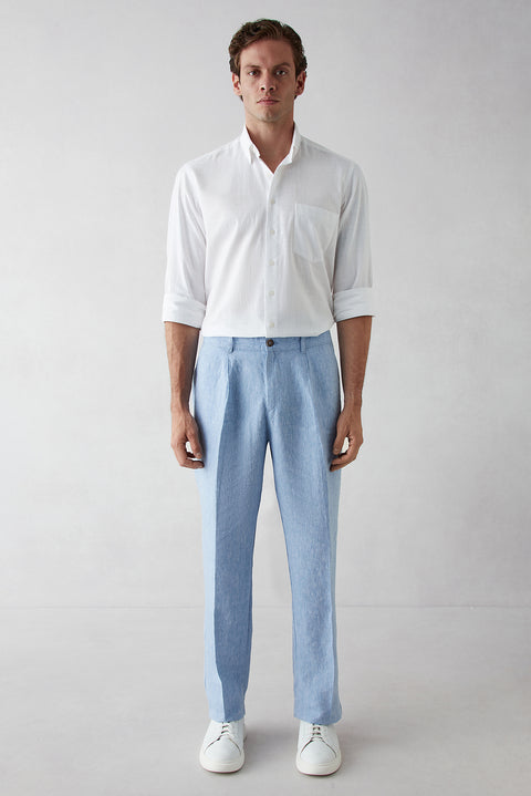 Light Blue Straight Wide Leg Linen Sport Pants