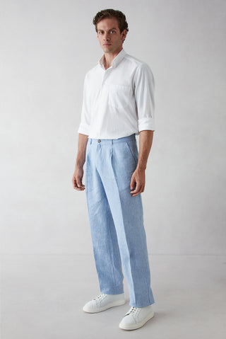  Açık Mavi Straight Wide Leg Yan Cepli %100 Keten Pantolon