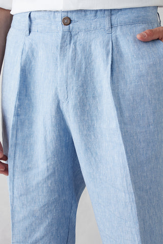  Açık Mavi Straight Wide Leg Yan Cepli %100 Keten Pantolon