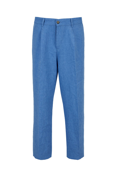 Blue Straight Wide Leg Linen Sport Pants