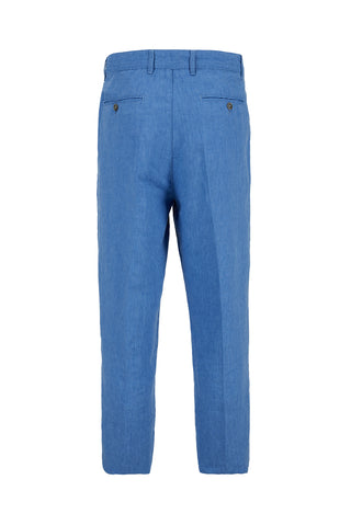  Mavi Straight Wide Leg Pileli Yan Cepli %100 Keten Pantolon