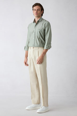  Açık Bej Straight Wide Leg Yan Cepli %100 Keten Pantolon