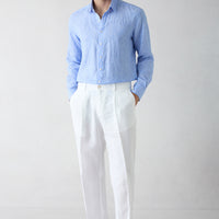Beyaz Straight Wide Leg Yan Cepli %100 Keten Pantolon