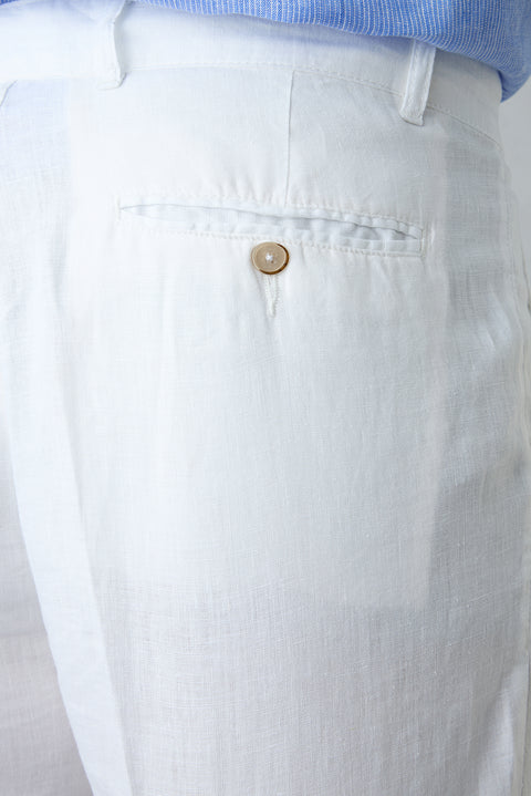 Beyaz Straight Wide Leg Yan Cepli %100 Keten Pantolon