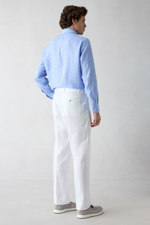 Beyaz Straight Wide Leg Yan Cepli %100 Keten Pantolon