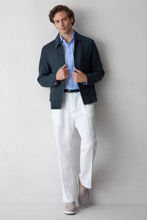 Beyaz Straight Wide Leg Yan Cepli %100 Keten Pantolon