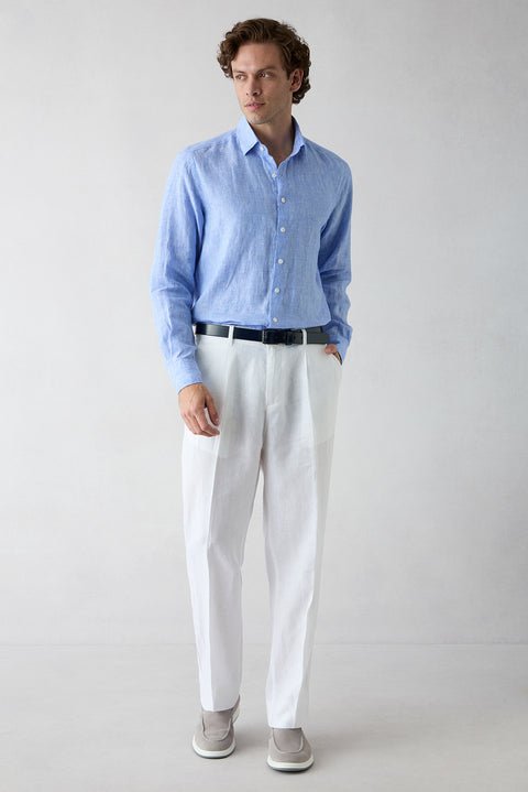 Beyaz Straight Wide Leg Yan Cepli %100 Keten Pantolon
