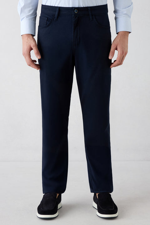 Orta Lacivert Slim Fit Dar Kesim 5 Cep Pamuklu Düz Likralı Kanvas / Chino Pantolon