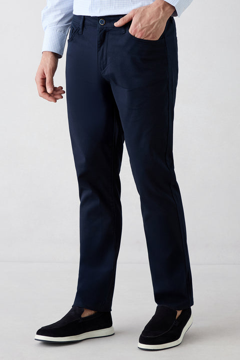 Orta Lacivert Slim Fit Dar Kesim 5 Cep Pamuklu Düz Likralı Kanvas / Chino Pantolon