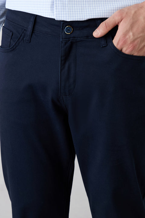 Orta Lacivert Slim Fit Dar Kesim 5 Cep Pamuklu Düz Likralı Kanvas / Chino Pantolon