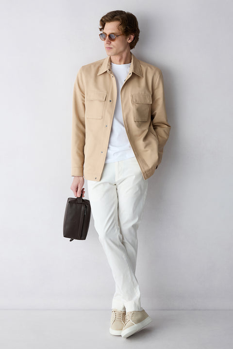 Kırık Beyaz Relaxed Fit Rahat Kesim Lyocell Karışımlı Yan Cepli Kanvas / Chino Pantolon