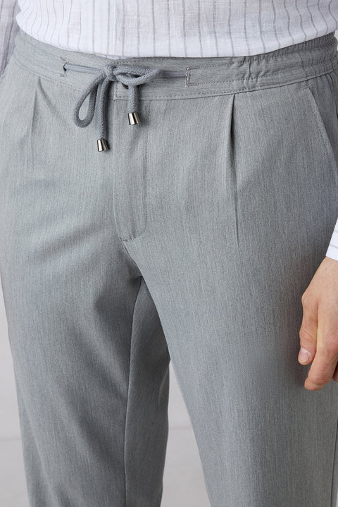 Açık Gri Regular Straight Fit Beli Lastikli İpli Pileli Likralı Jogger Pantolon