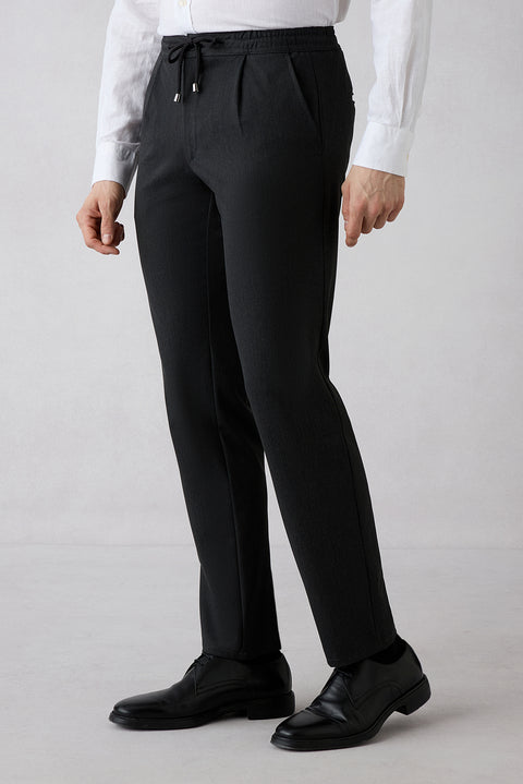 Koyu Antrasit Regular Straight Fit Beli Lastikli İpli Pileli Likralı Jogger Pantolon