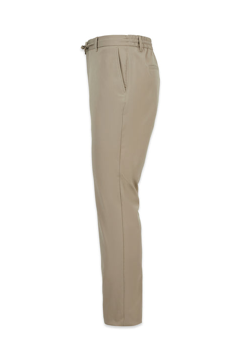 Mid Beige Regular Fit Standard Cut Lycra Elasticated Waist Drawstring Bagged Trousers