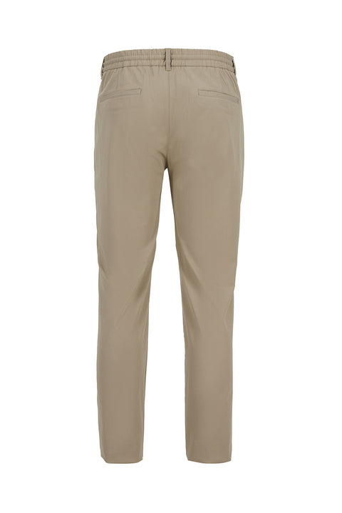 Mid Beige Regular Fit Standard Cut Lycra Elasticated Waist Drawstring Bagged Trousers