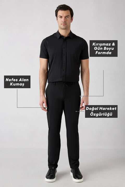 Siyah Techno-Line Regular Fit Standart Kesim Çantalı Likralı Beli İpli Chino / Kanvas Pantolon