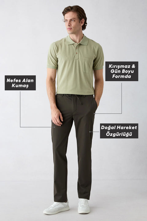 Koyu Haki Techno-Line Regular Fit Standart Kesim Çantalı Likralı Beli İpli Chino / Kanvas Pantolon