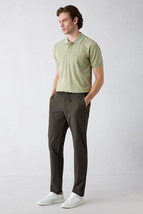 Koyu Haki Techno-Line Regular Fit Standart Kesim Çantalı Likralı Beli İpli Chino / Kanvas Pantolon